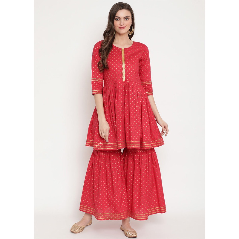 2 Pc Red Pure Readymade Cotton Kurti Set - JD986602407