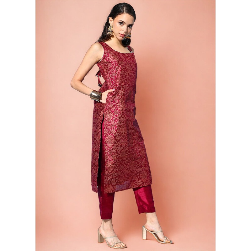 2 Pc Wine Readymade Silk Kurti Set - JD986602402