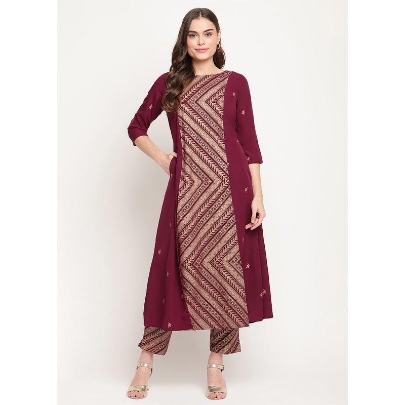 2 Pc Wine Readymade Silk Kurti Set - JD986602403
