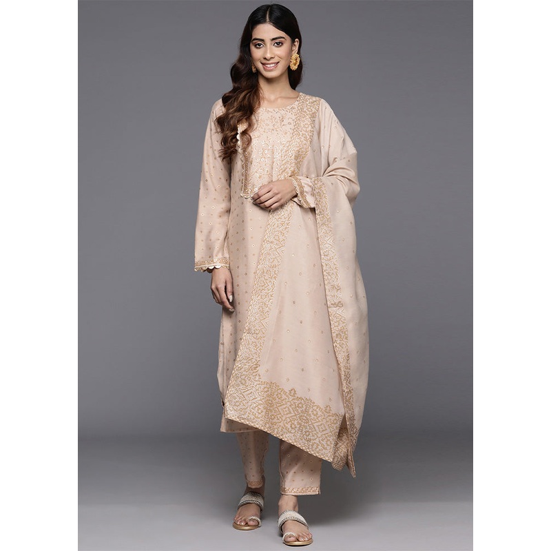 3 Pc Beige Readymade Chanderi Dupatta Suit Set - JD986602400