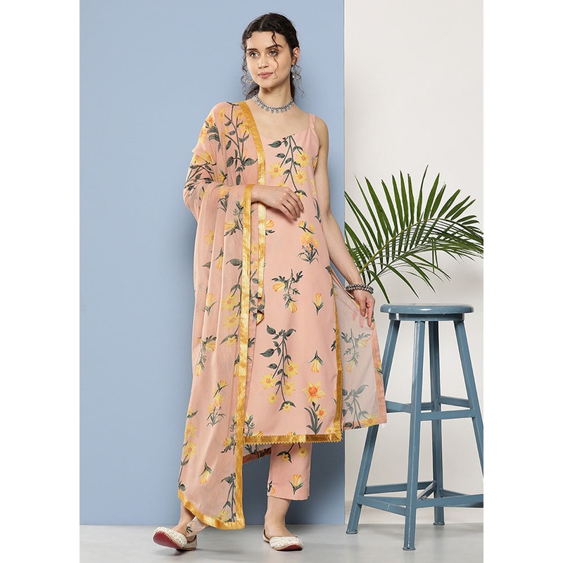 3 Pc Beige Readymade Silk Dupatta Suit Set - JD986602399