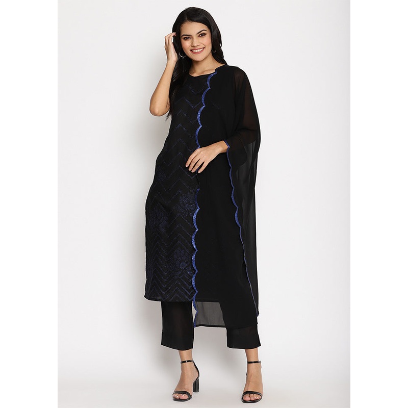 3 Pc Black Readymade Chanderi Dupatta Suit Set - JD986602398