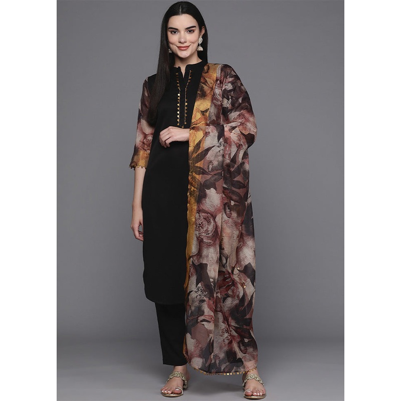 3 Pc Black Readymade Cotton Dupatta Suit Set - JD986602397