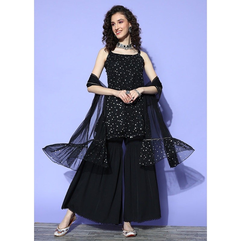 3 Pc Black Readymade Net Dupatta Suit Set - JD986602396