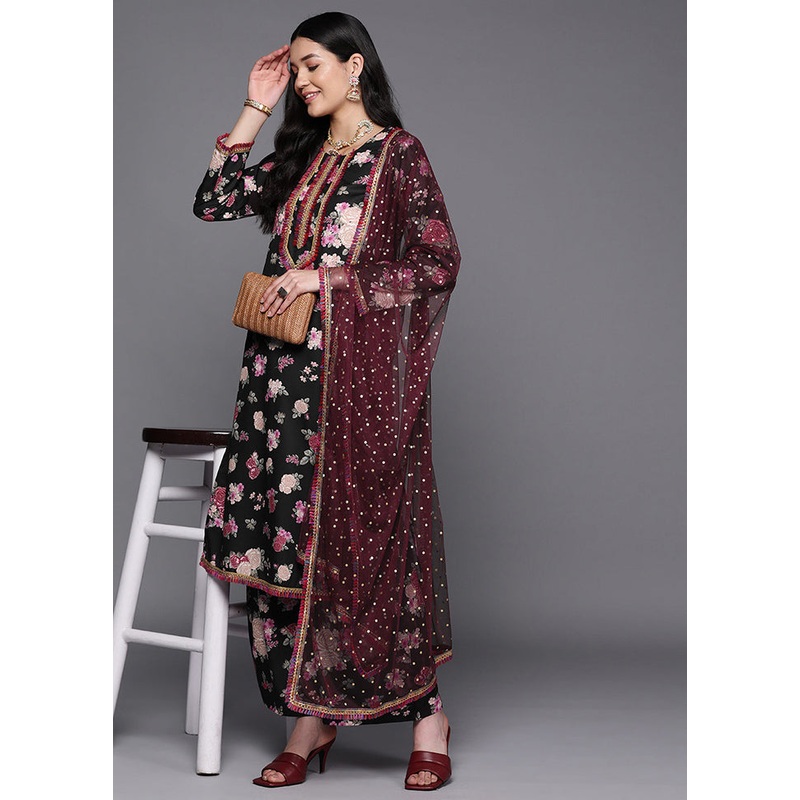 3 Pc Black Readymade Silk Dupatta Suit Set - JD986602395