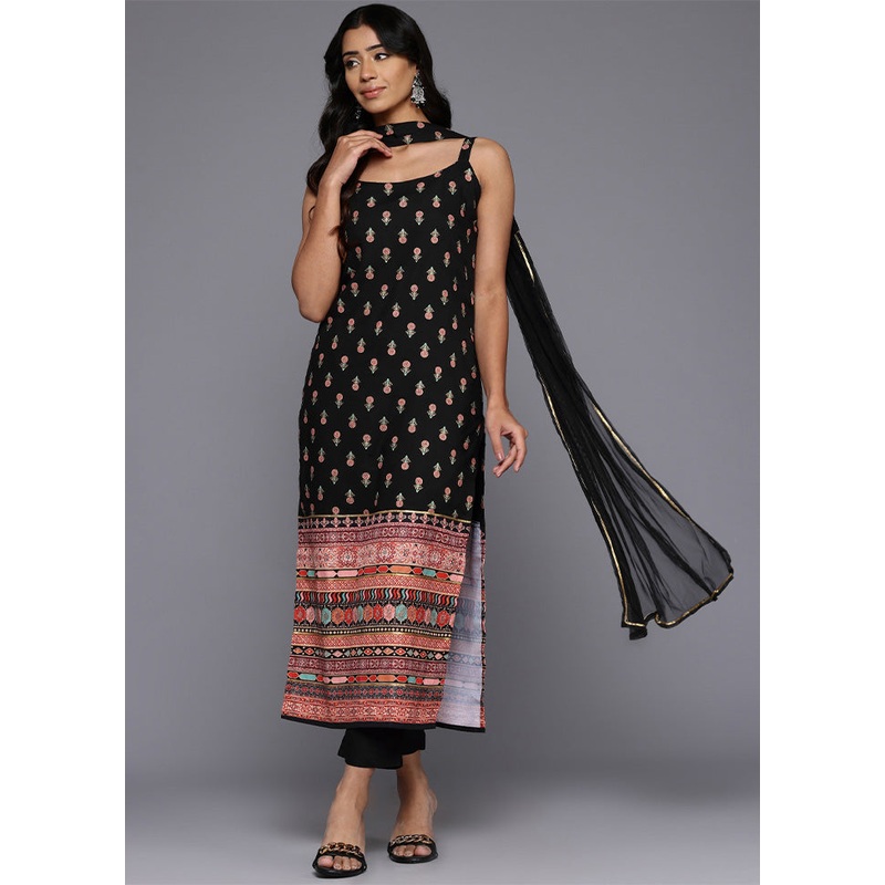3 Pc Black Readymade Viscose Dupatta Suit Set - JD986602392