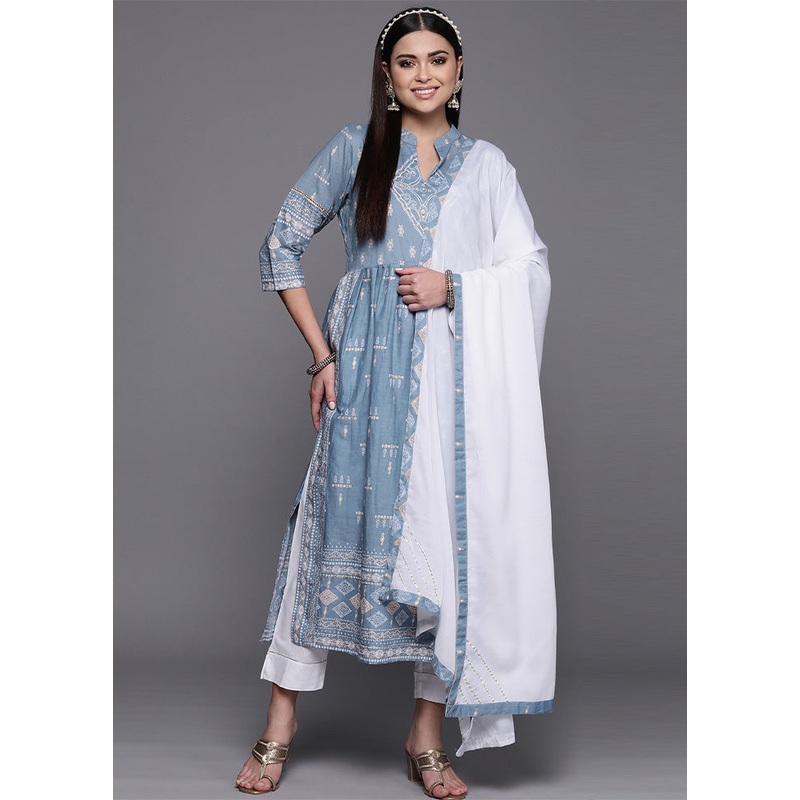 3 Pc Blue Pure Readymade Cotton Dupatta Suit Set - JD986602390