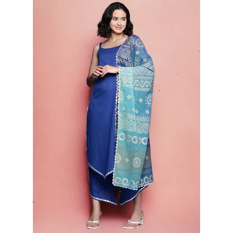 3 Pc Blue Pure Readymade Cotton Dupatta Suit Set - JD986602391