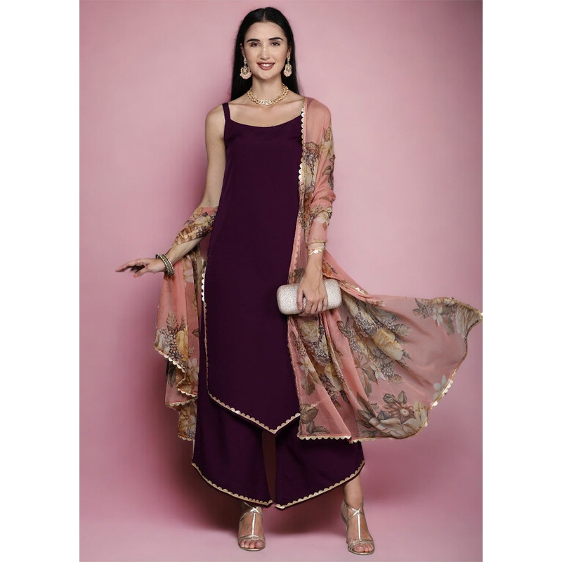 3 Pc Burgundy Readymade Silk Dupatta Suit Set - JD986602388