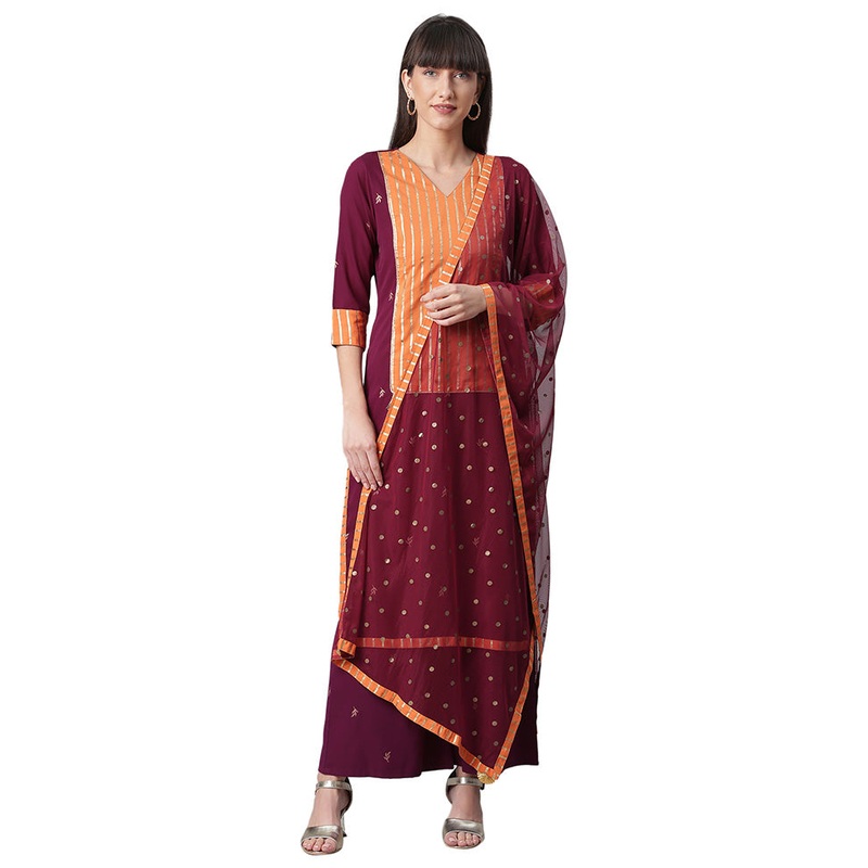 3 Pc Burgundy Readymade Silk Dupatta Suit Set - JD986602389
