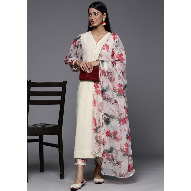 3 Pc Cream Readymade Silk Dupatta Suit Set - JD986602386