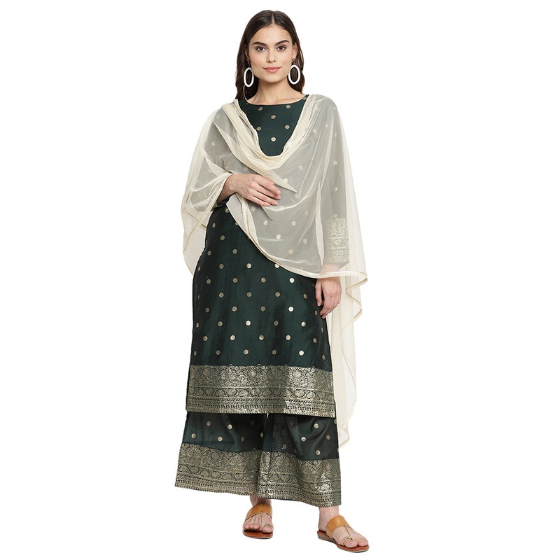 3 Pc Green Readymade Chanderi Dupatta Suit Set - JD986602385