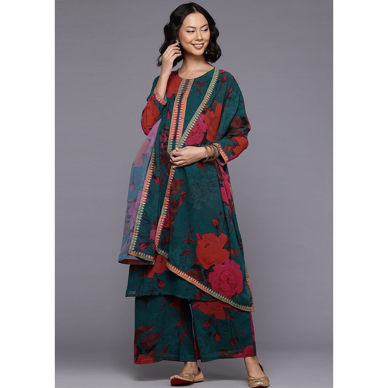 3 Pc Green Readymade Georgette Dupatta Suit Set - JD986602384