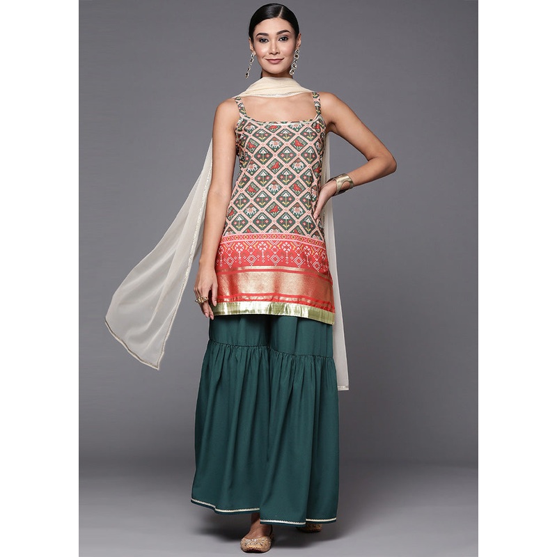 3 Pc Green Readymade Silk Dupatta Suit Set - JD986602376