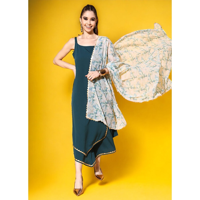 3 Pc Green Readymade Silk Dupatta Suit Set - JD986602382