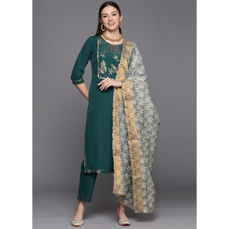 3 Pc Green Readymade Silk Dupatta Suit Set - JD986602383
