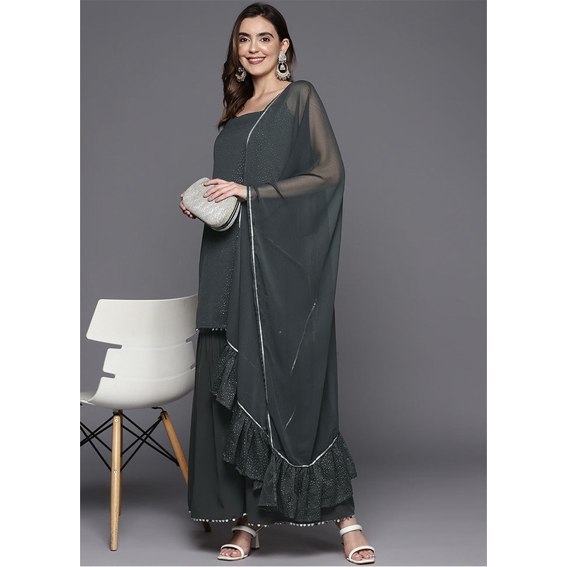 3 Pc Grey Readymade Silk Dupatta Suit Set - JD986602380