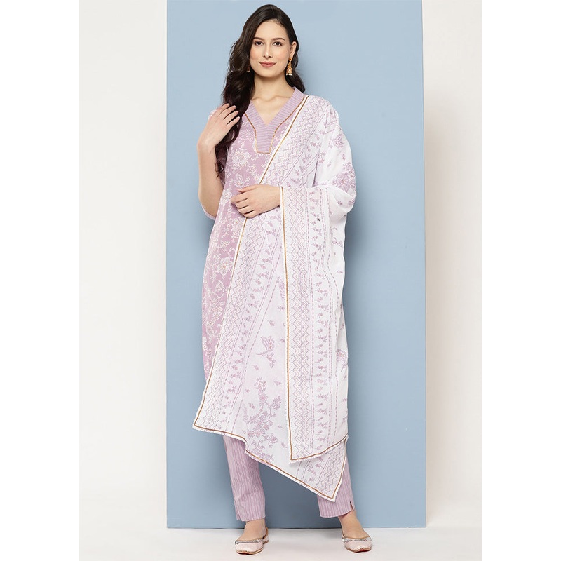 3 Pc Lavender Pure Readymade Cotton Dupatta Suit Set - JD986602379