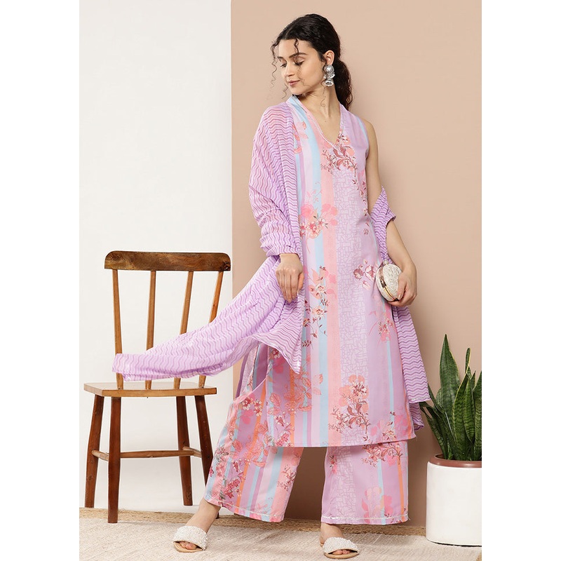 3 Pc Lavender Readymade Silk Dupatta Suit Set - JD986602378