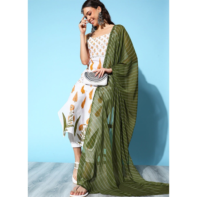 3 Pc White Pure Readymade Cotton Dupatta Suit Set - JD986602351