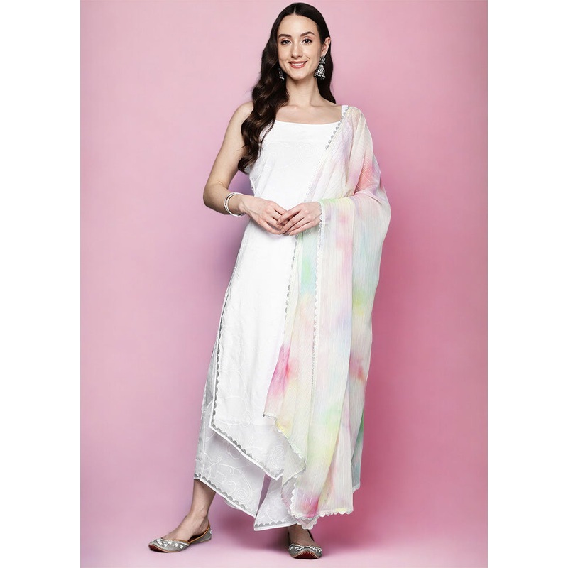 3 Pc White Pure Readymade Cotton Dupatta Suit Set - JD986602352