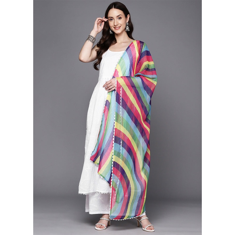 3 Pc White Pure Readymade Cotton Dupatta Suit Set - JD986602353