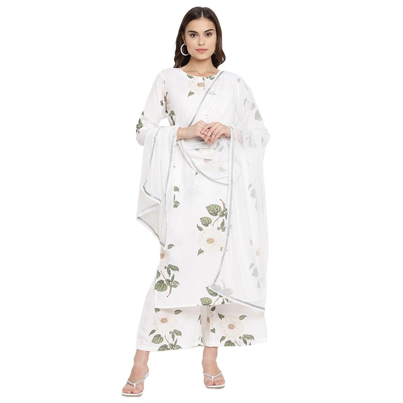 3 Pc White Readymade Silk Dupatta Suit Set - JD986602350