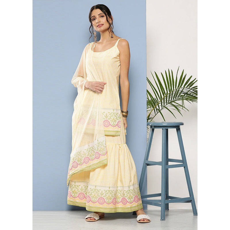 3 Pc Yellow Readymade Silk Dupatta Suit Set - JD986602349