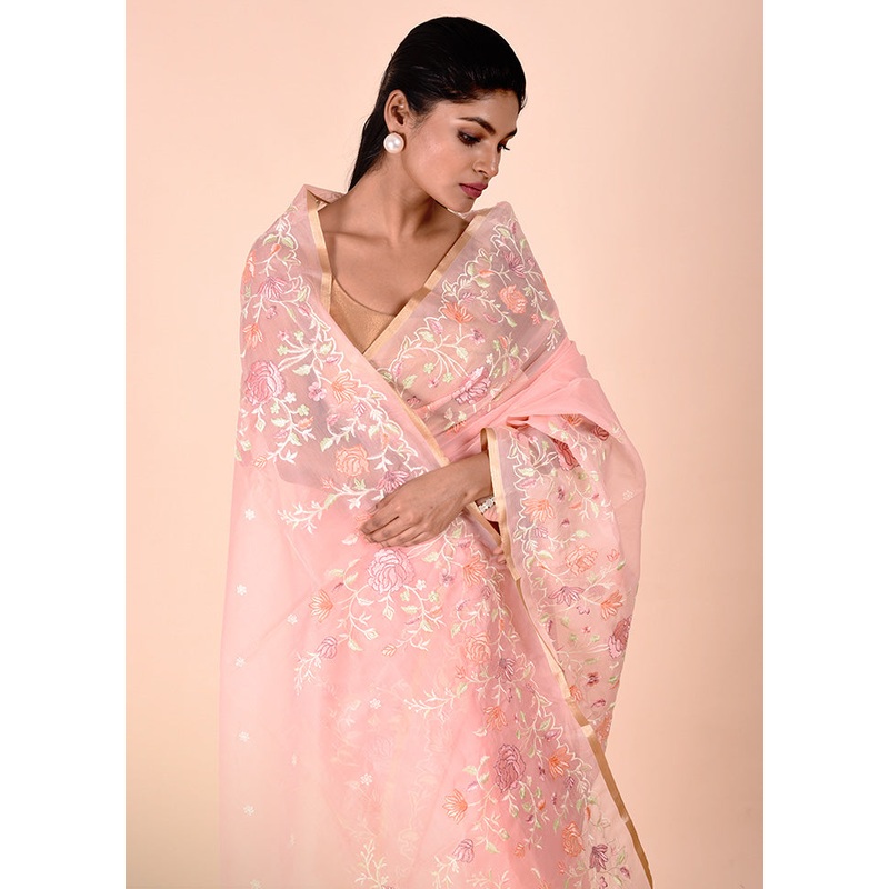 Baby Pink Organza Saree With Blouse Piece - JD986602326