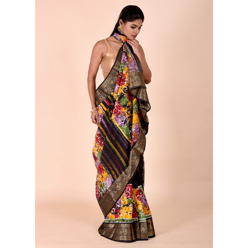 Black Chanderi Cotton Saree With Blouse Piece - JD986602324