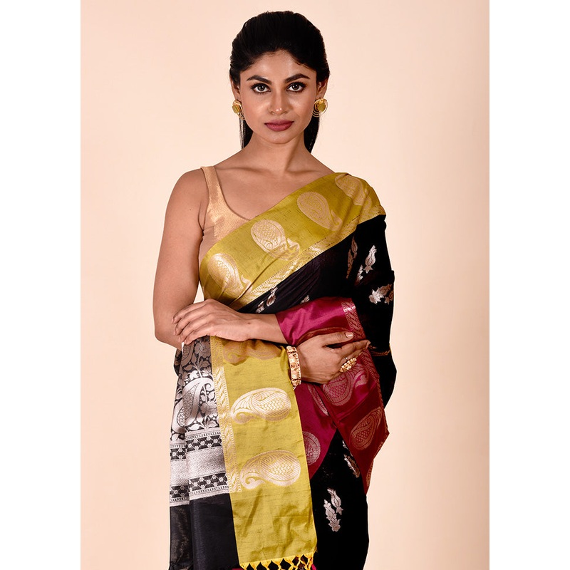 Black Cotton Saree With Blouse Piece - JD986602323