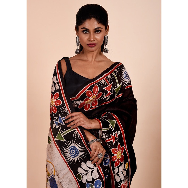 Black Printed Pure Silk Saree Without Blouse Piece - JD986602321