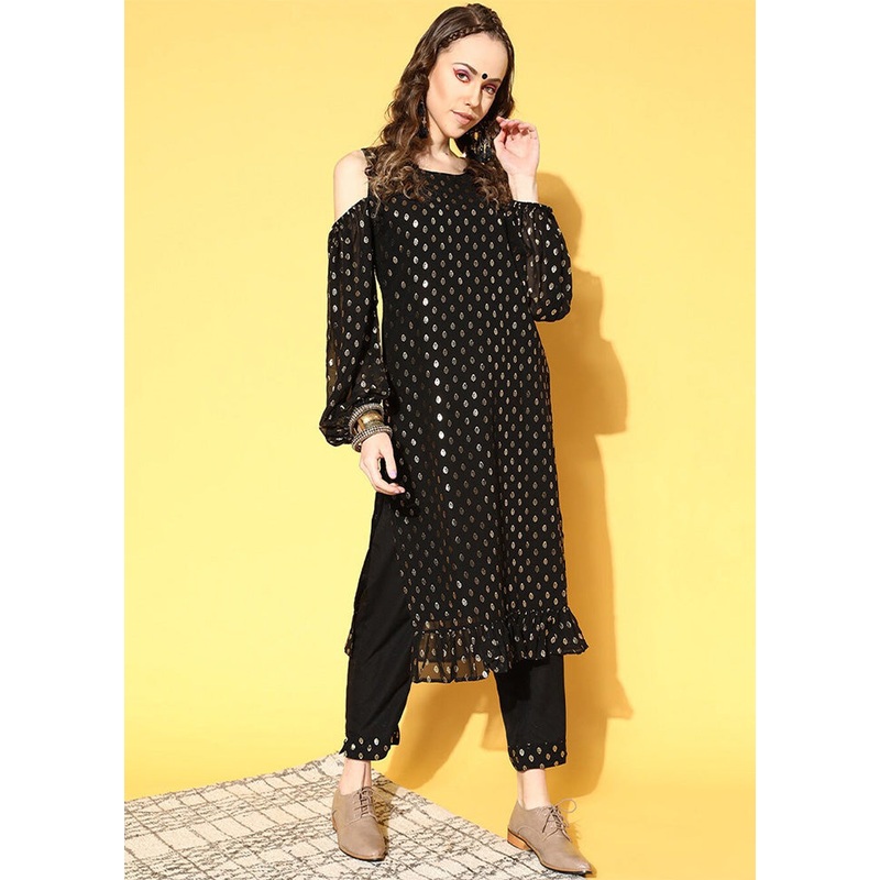 Black Pure Readymade Georgette Kurti - JD986602348