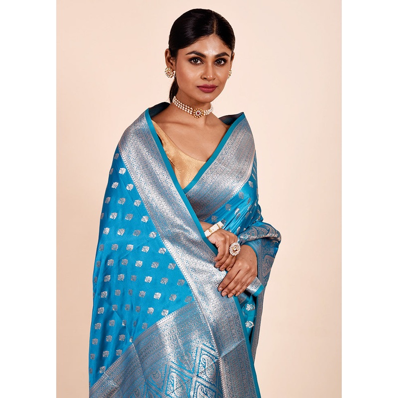 Blue Banarasi Silk Saree With Blouse Piece - JD986602320