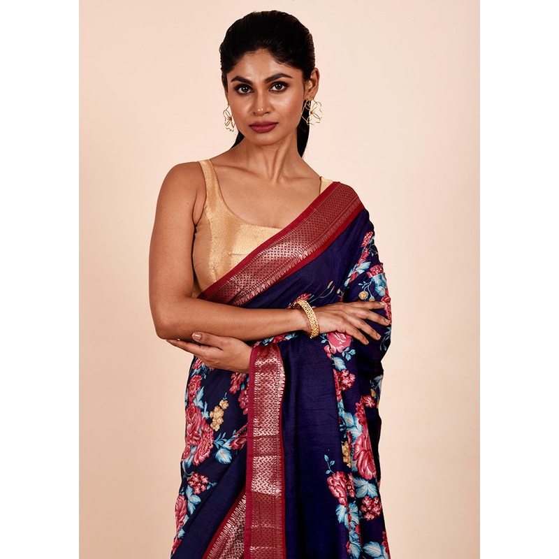 Blue Chanderi Cotton Saree With Blouse Piece - JD986602317