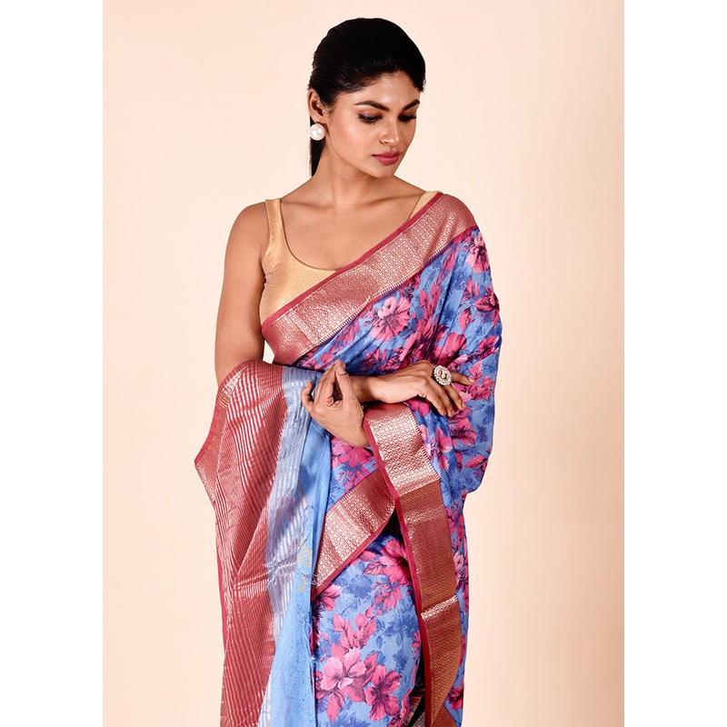 Blue Chanderi Cotton Saree With Blouse Piece - JD986602318