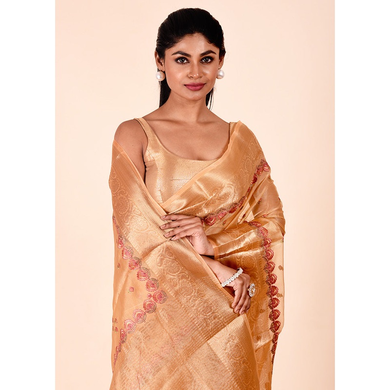 Cream Tissue Silk Saree With Blouse Piece - JD986602302