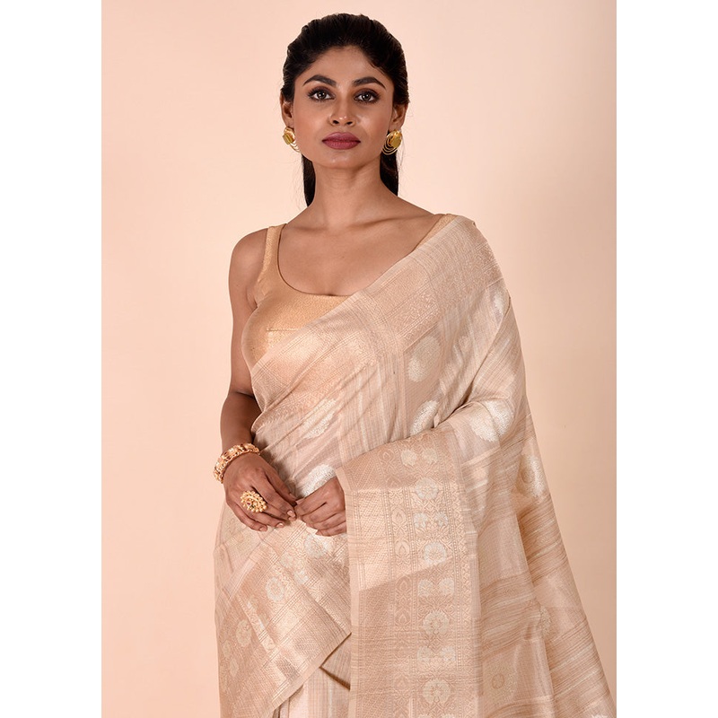 Cream Tissue Silk Saree With Blouse Piece - JD986602303