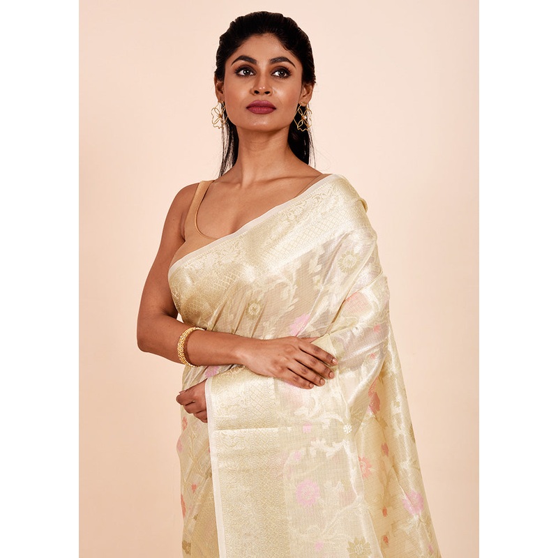 Cream Tissue Silk Saree With Blouse Piece - JD986602304