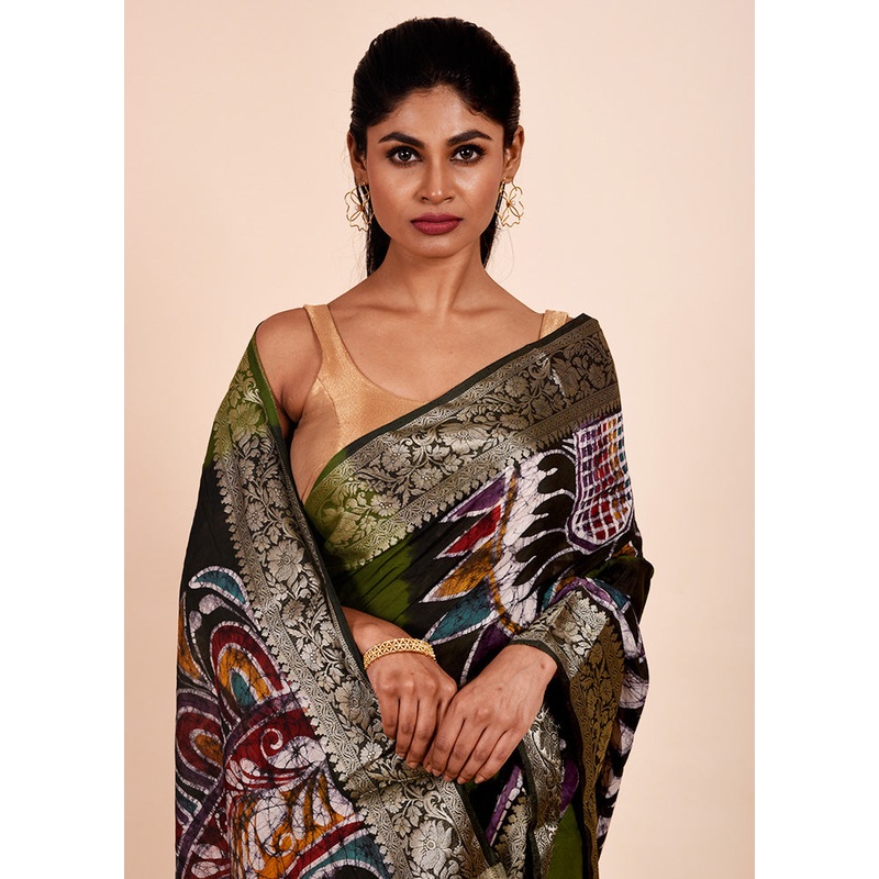 Green Chanderi Cotton Saree With Blouse Piece - JD986602301