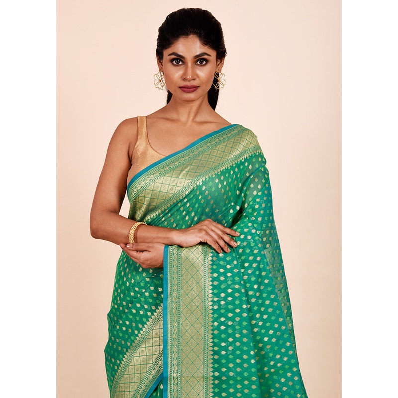Green Kora Silk Saree With Blouse Piece - JD986602296