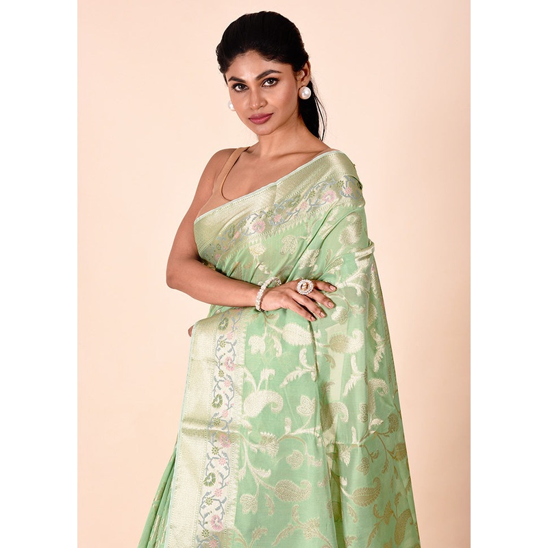 Green Kota Cotton Saree With Blouse Piece - JD986602295