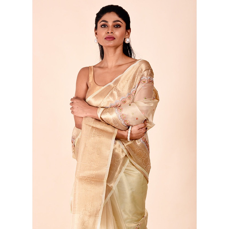 Green Tissue Silk Saree With Blouse Piece - JD986602293