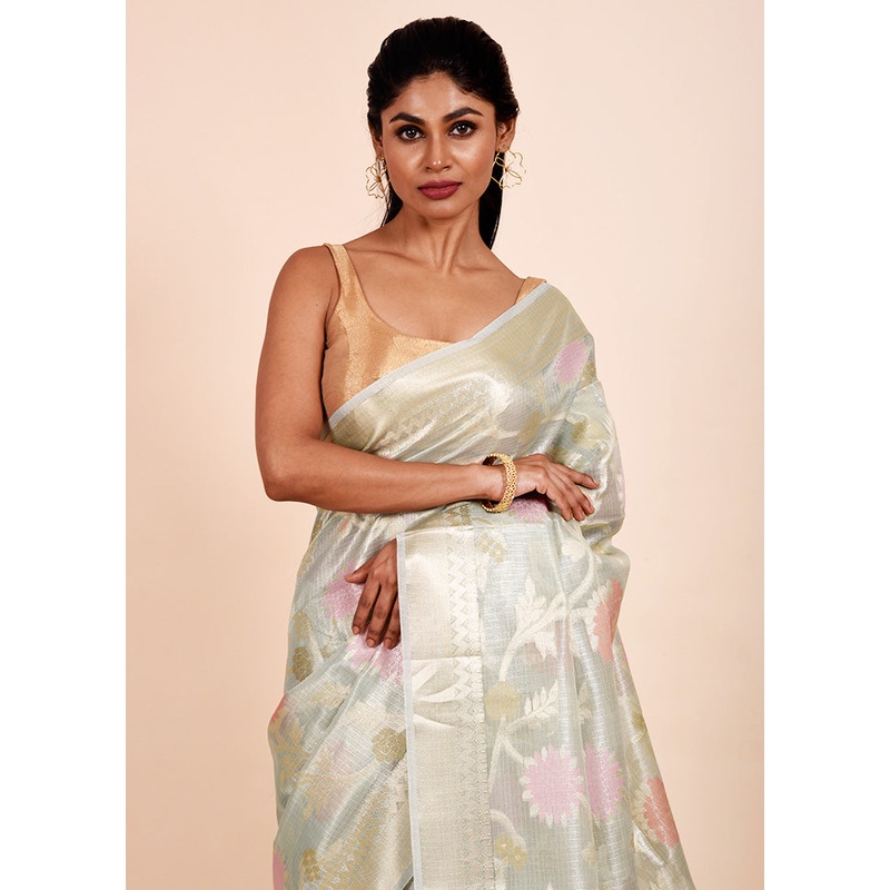 Green Tissue Silk Saree With Blouse Piece - JD986602294