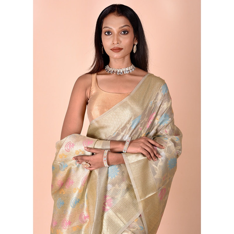 Green Tissue Silk Saree With Blouse Piece - JD986602477