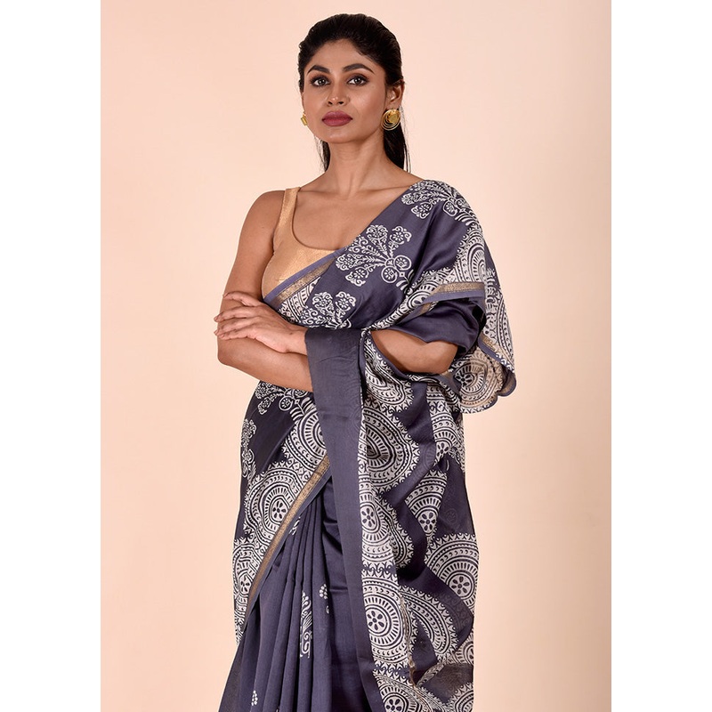 Grey Chanderi Cotton Saree With Blouse Piece - JD986602290