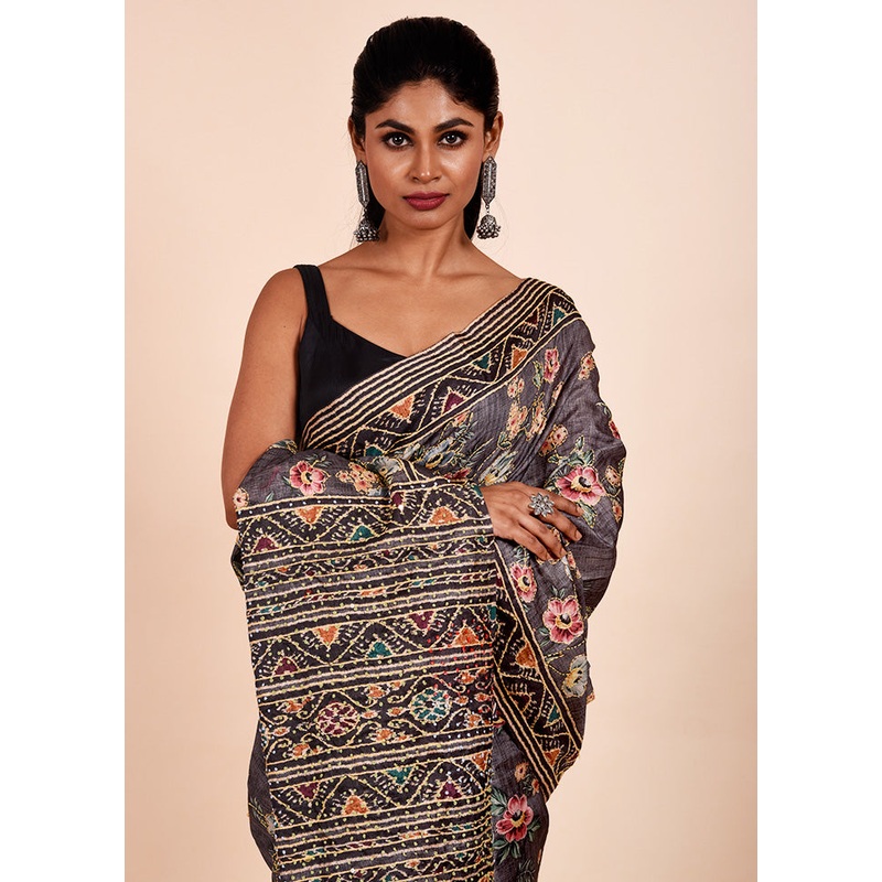 Grey Chanderi Cotton Saree With Blouse Piece - JD986602291