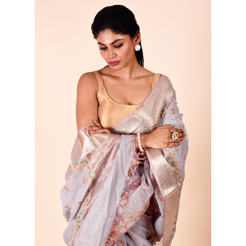 Grey Tissue Silk Saree With Blouse Piece - JD986602307