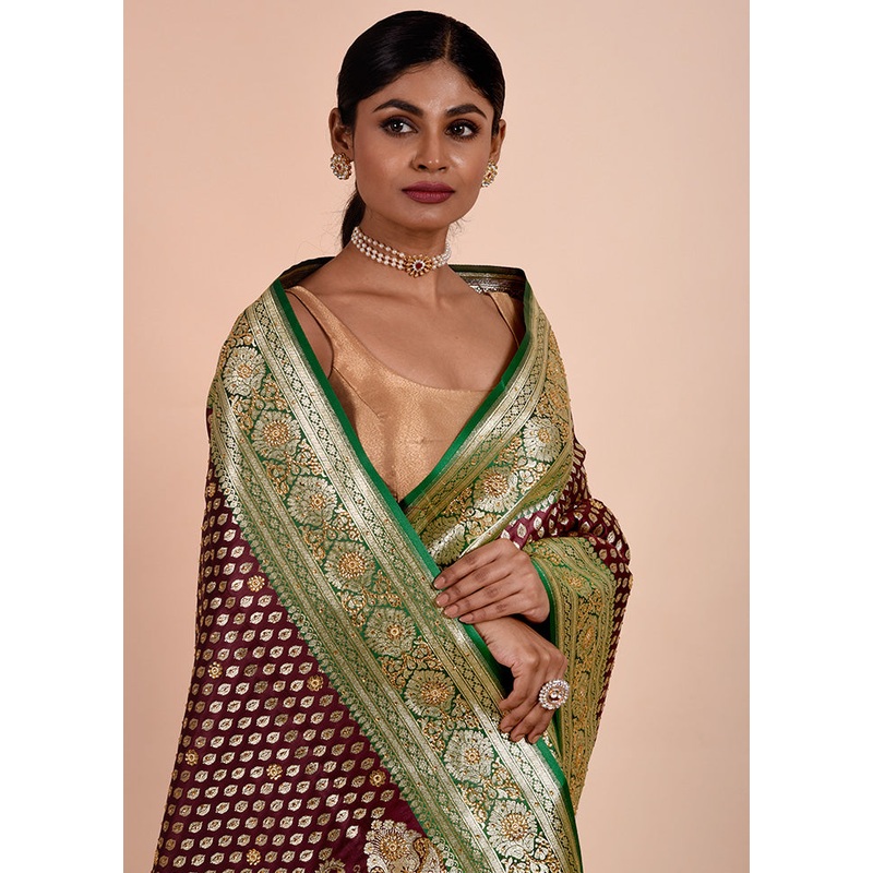 Maroon Banarasi Silk Saree With Blouse Piece - JD986602286