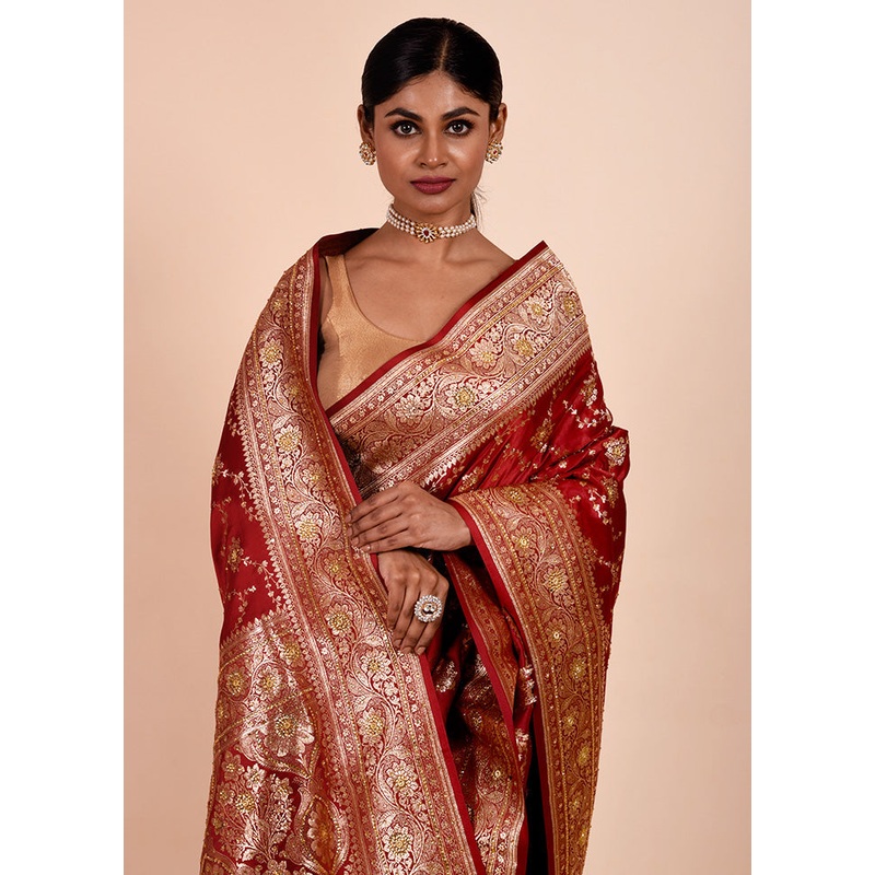 Maroon Banarasi Silk Saree With Blouse Piece - JD986602287